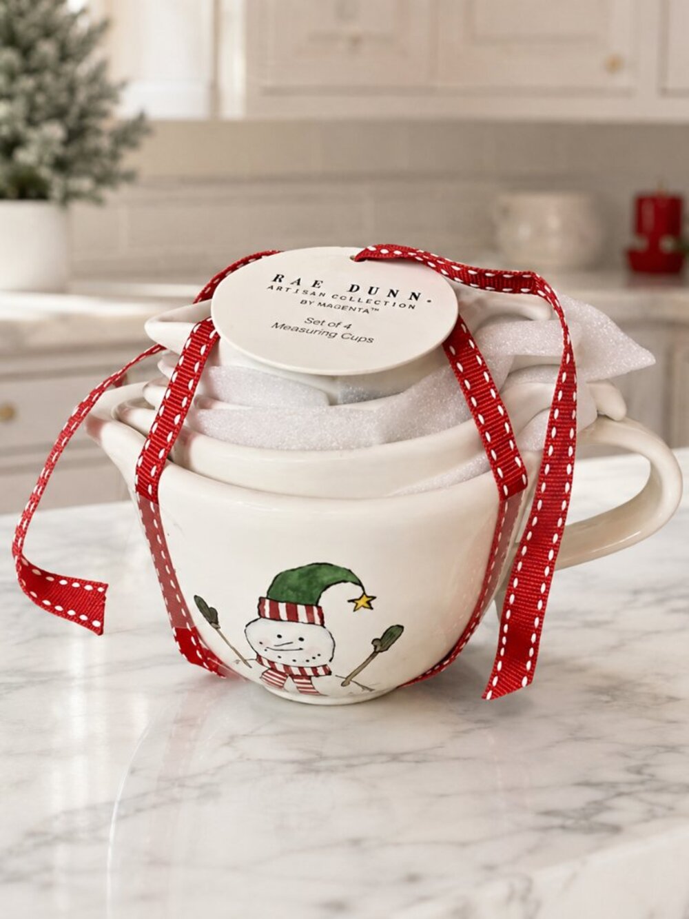 Rae Dunn Snowman Ceramic Measuring Cups Set of 4 Christmas NWT
